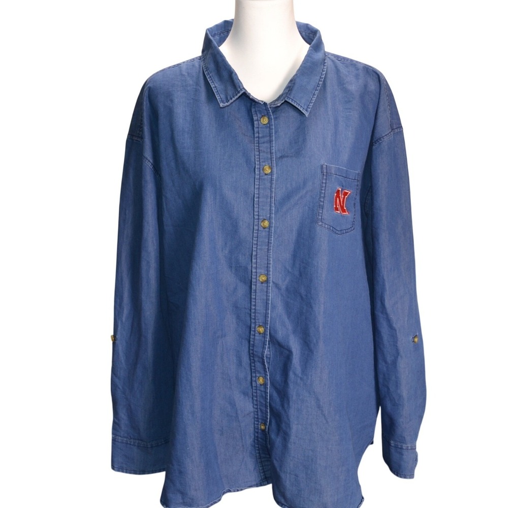 JG Apparel Chambray Nebraska Logo Oversized Casual Everyday Button Down Shirt 2X
